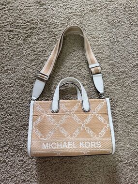 Michael Kors Beige and White Logo Satchel with Removable Strap